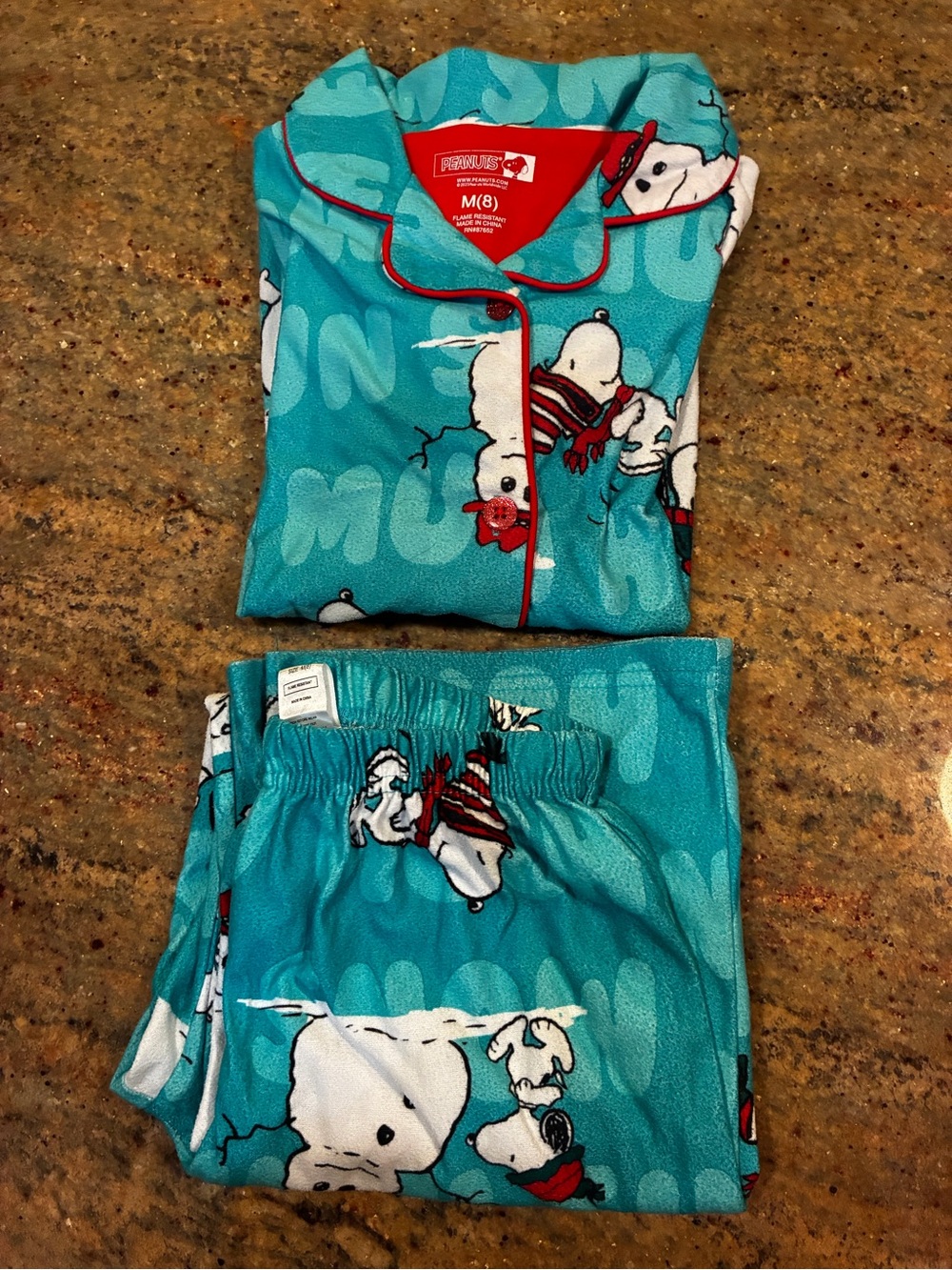 Peanuts Kids Pajama Set in Teal with Snoopy Print, Size: M (8)